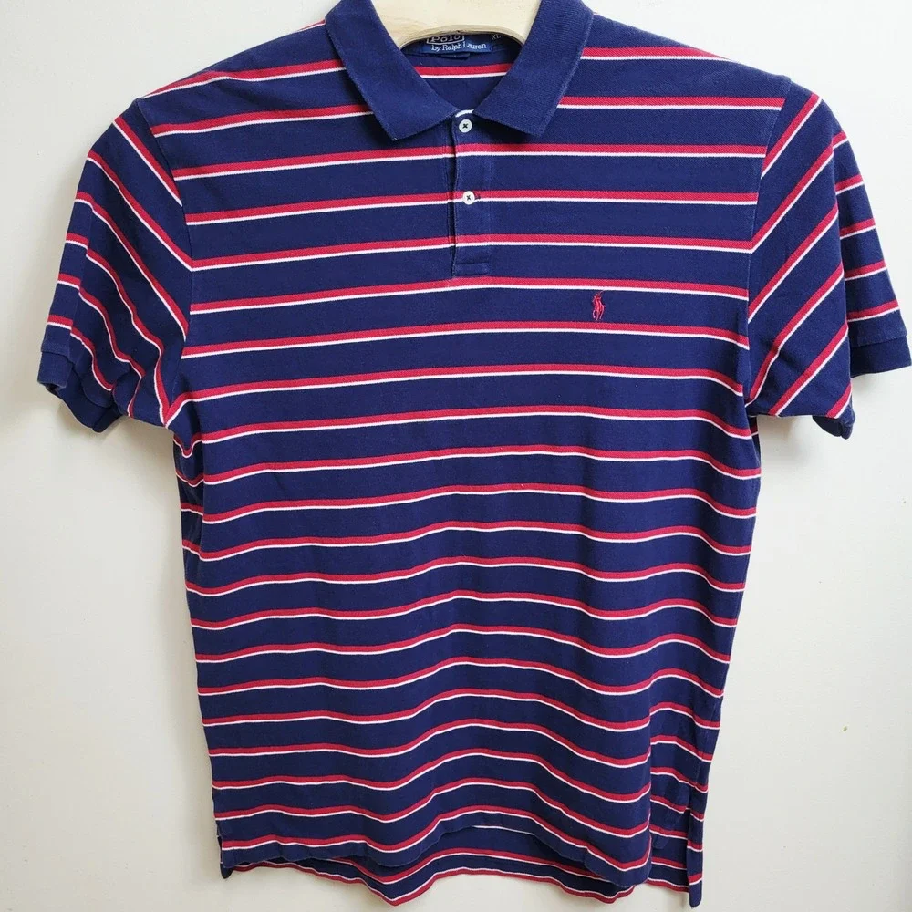 Polo Ralph Lauren Mens XL Striped Short Sleeve Polo‎ Shirt Navy Red White Pony